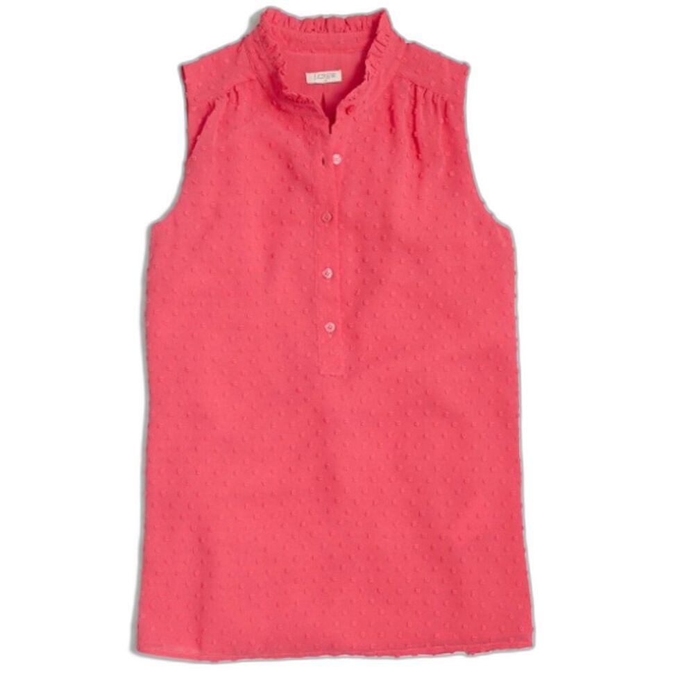J Crew Tea Rose Swiss Dot Ruffled Button Blouse Polyester Sleeveless Top Size 4